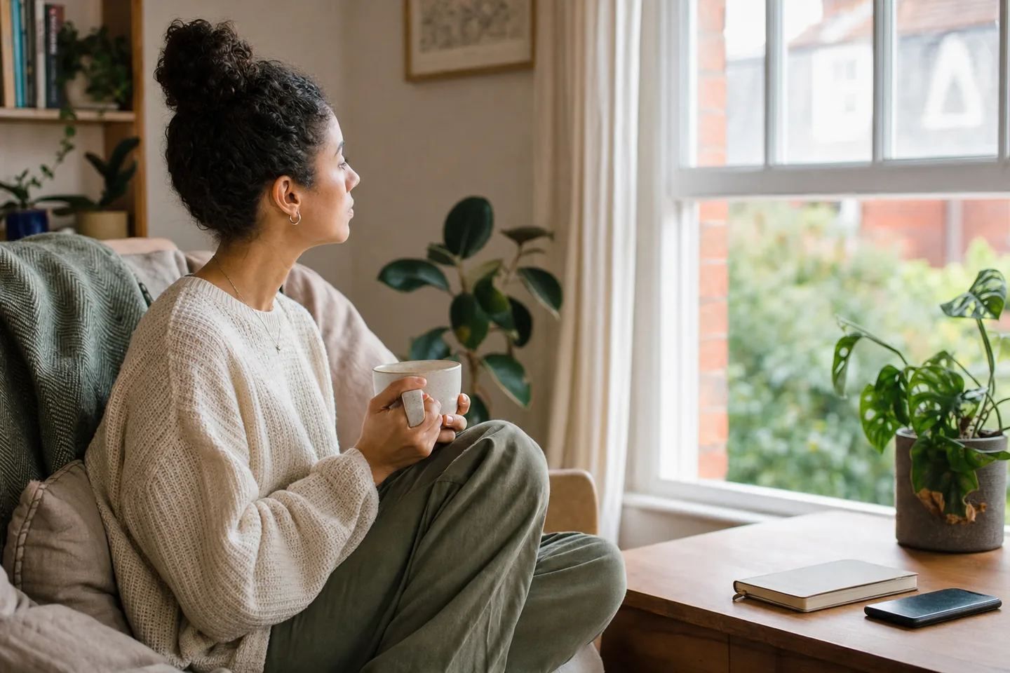 Adult relaxing with a warm drink beside a window after socialising