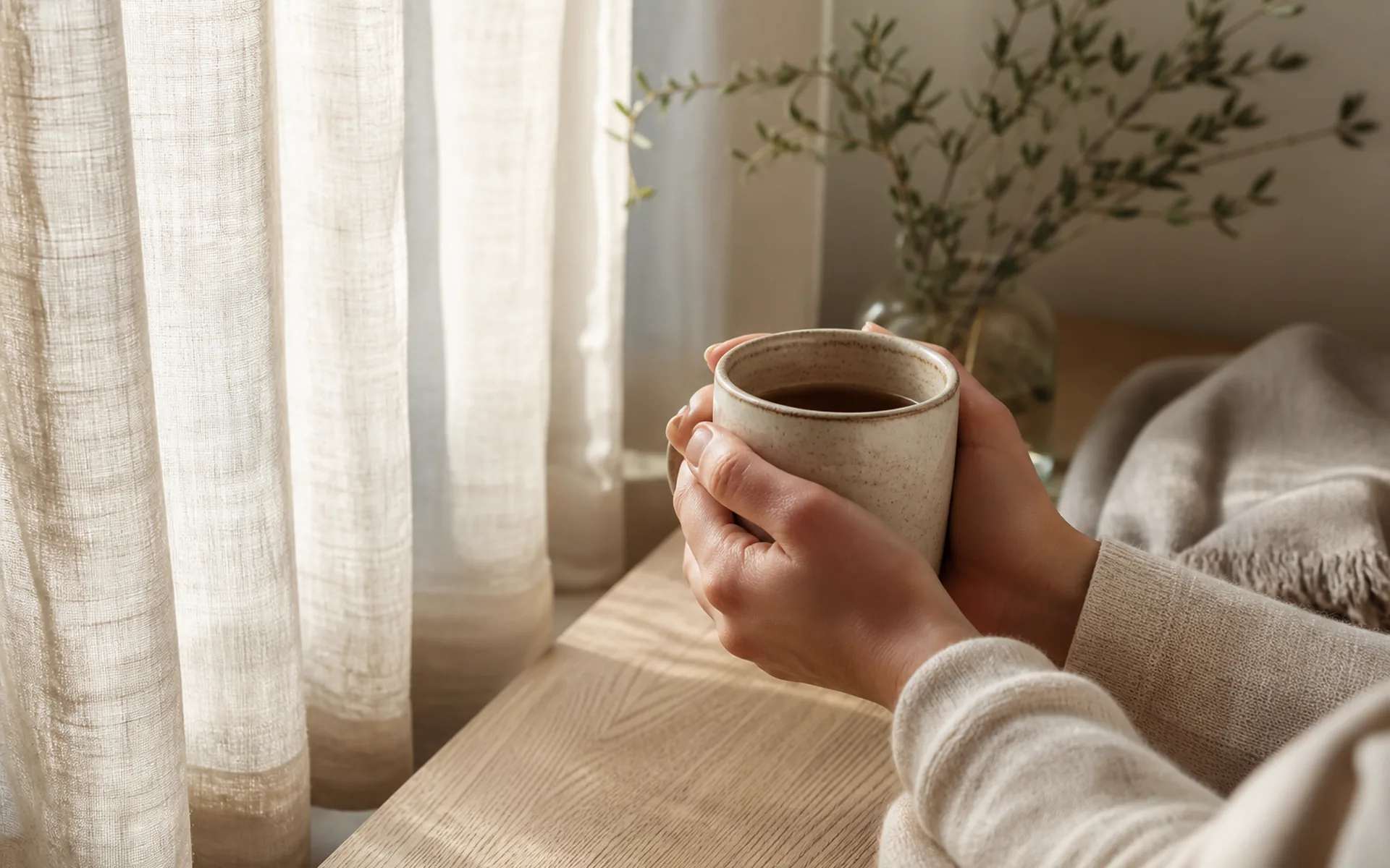 Hands holding a ceramic mug beside a softly lit window with a folded linen blanket nearby.
