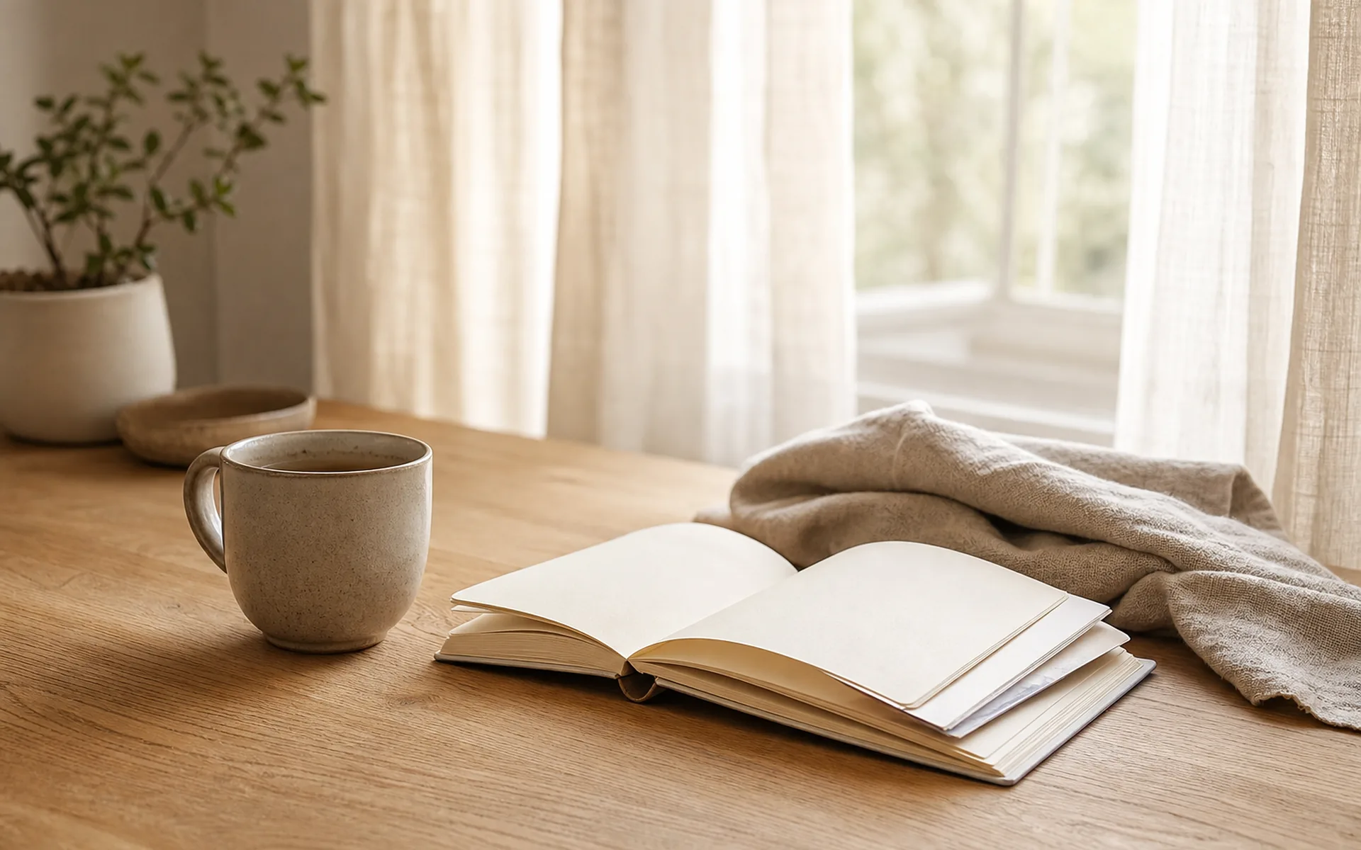 Ceramic mug beside an open notebook and folded linen cloth on a pale oak table near a softly lit window.