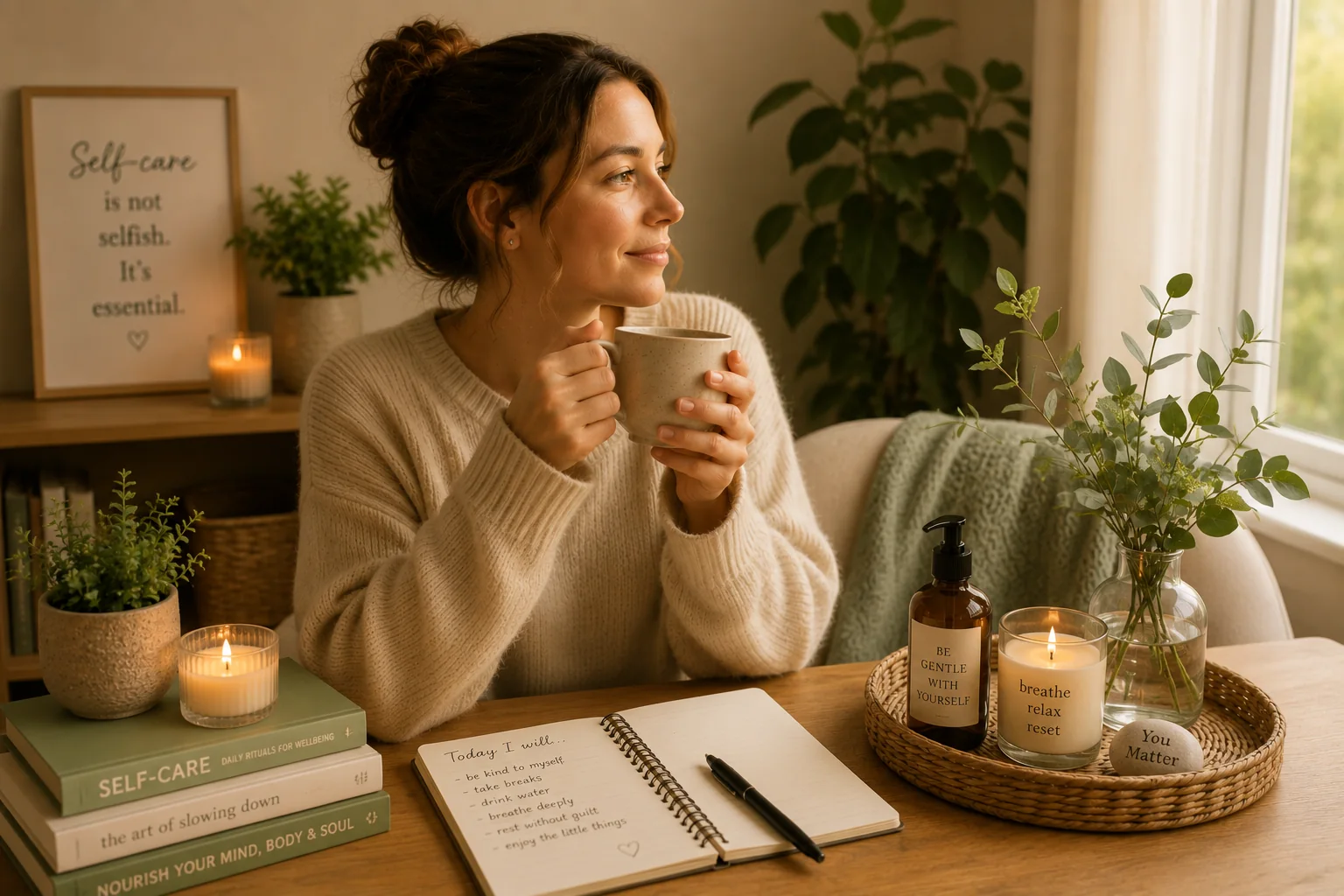 Peaceful nature scene for daily self-care guide
