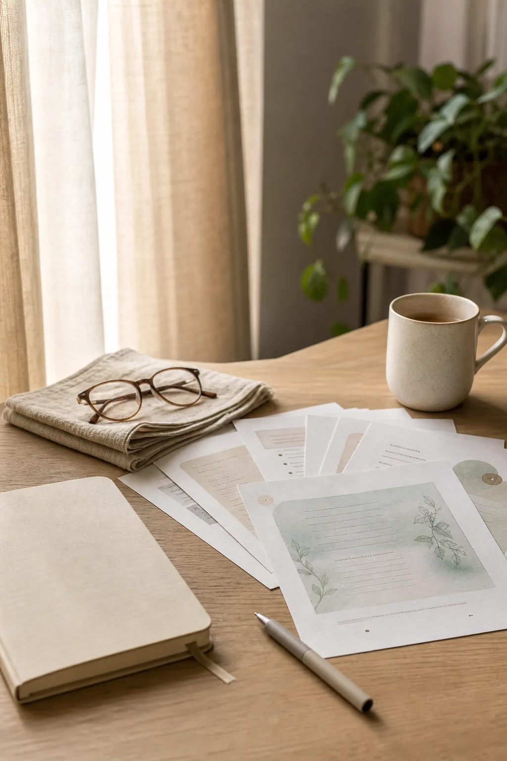 Printed wellbeing guides, notebook, ceramic mug and reading glasses on a pale oak table beside a softly lit window.