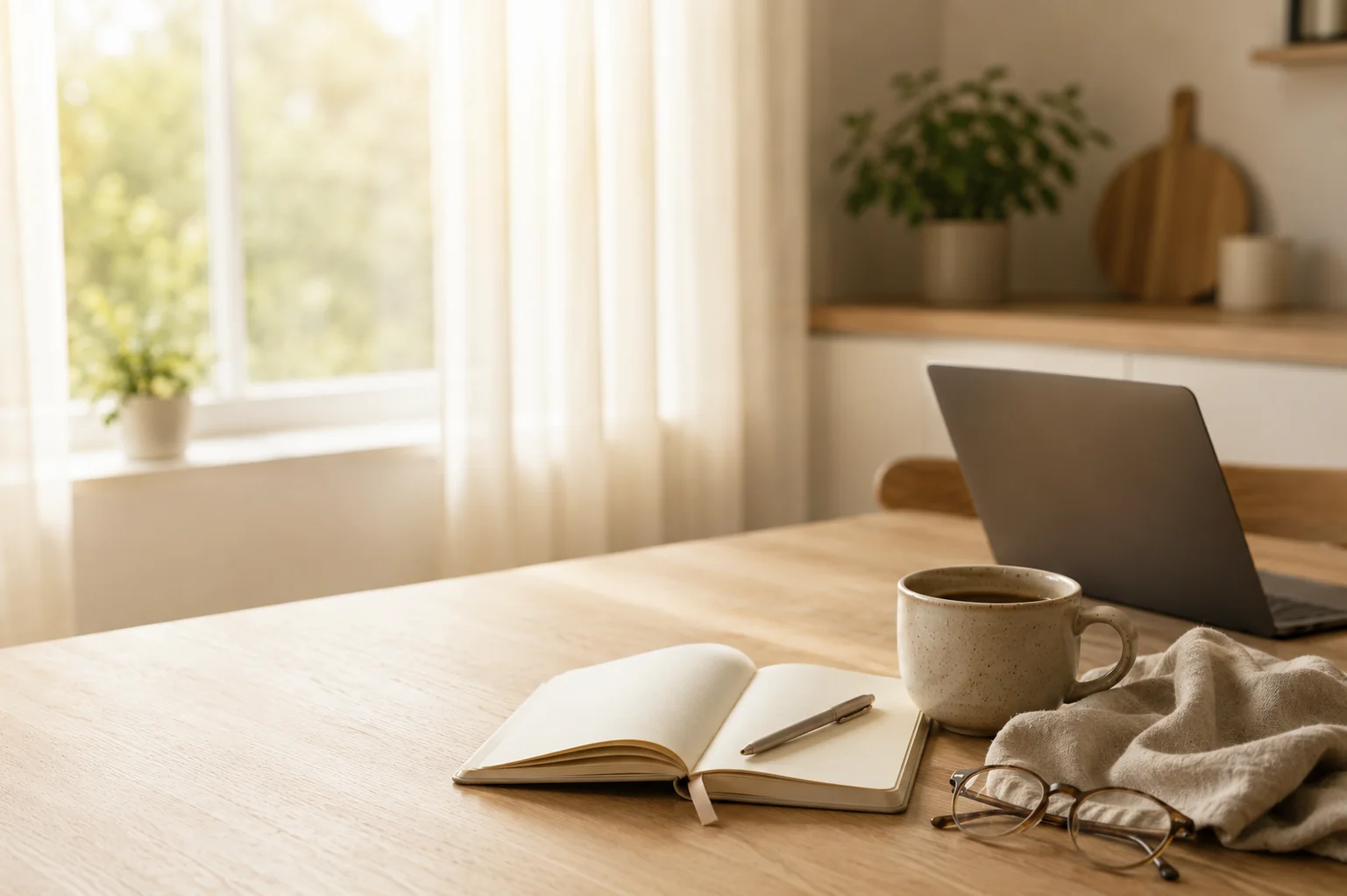 Laptop, open notebook and ceramic mug on a pale wood table beside a softly lit window.