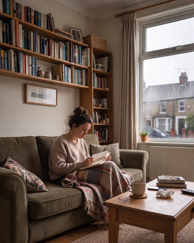 Woman writing in a notebook on a sofa by a rainy window