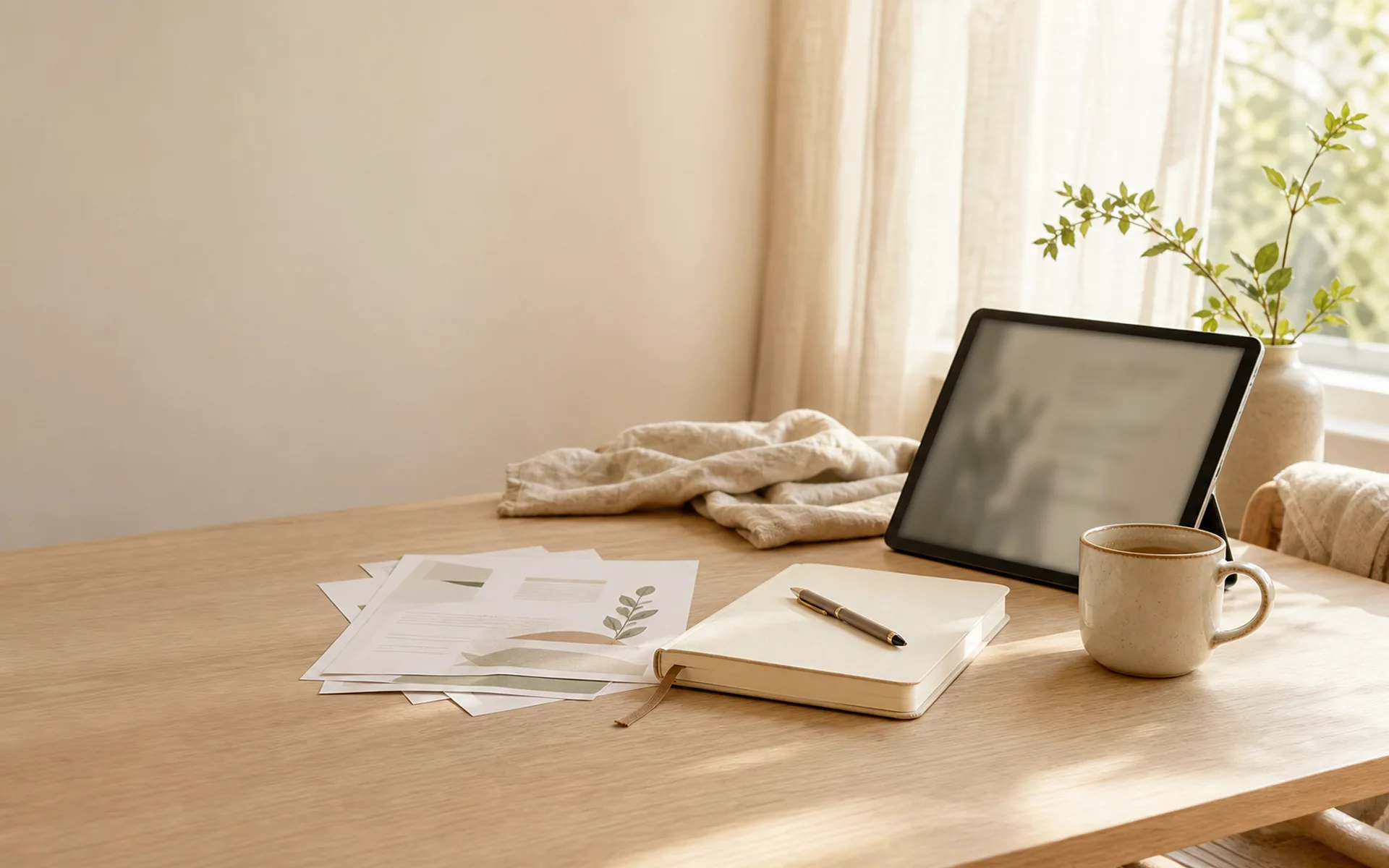Tablet, cream notebook, ceramic mug and printed wellbeing worksheets on a pale oak table beside a softly lit window.