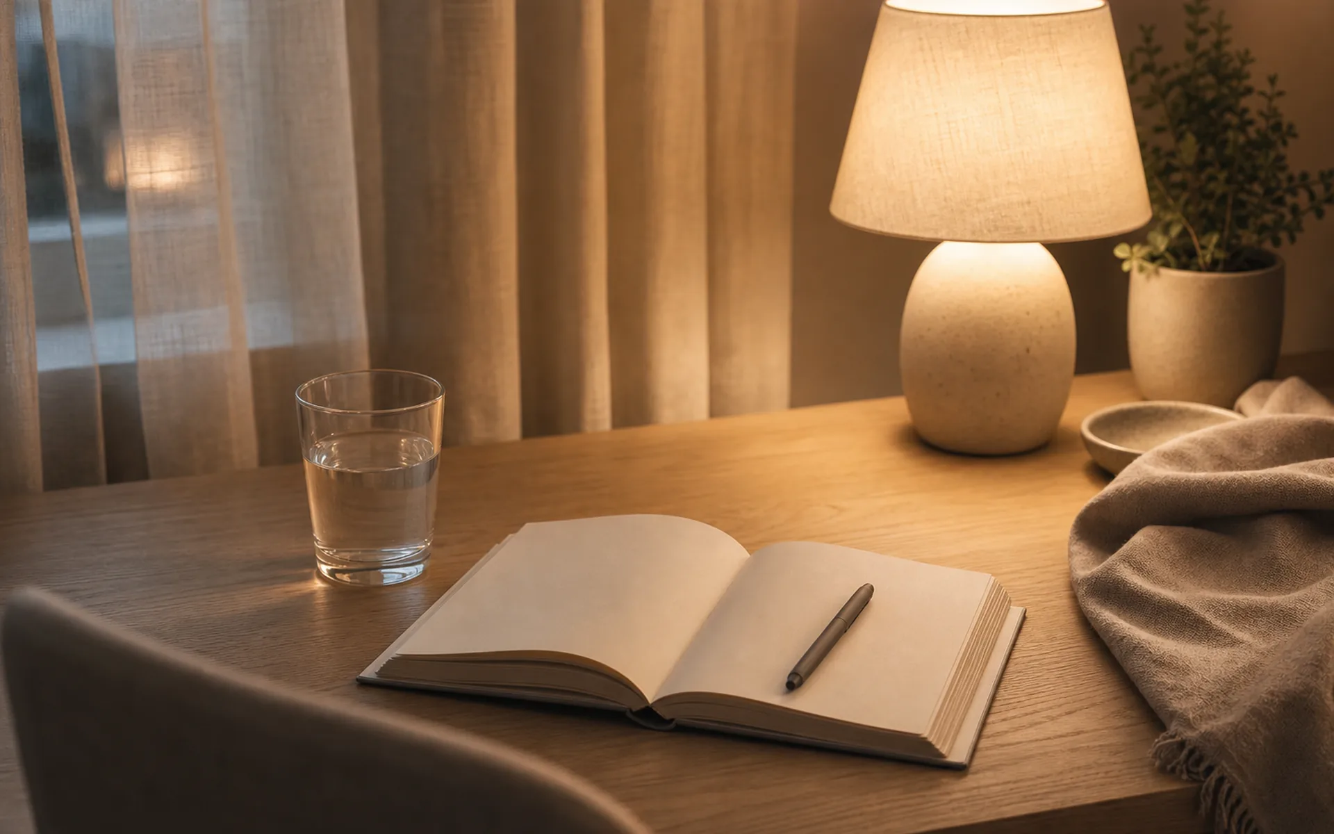 Evening notebook and warm lamp prepared for a quiet pause