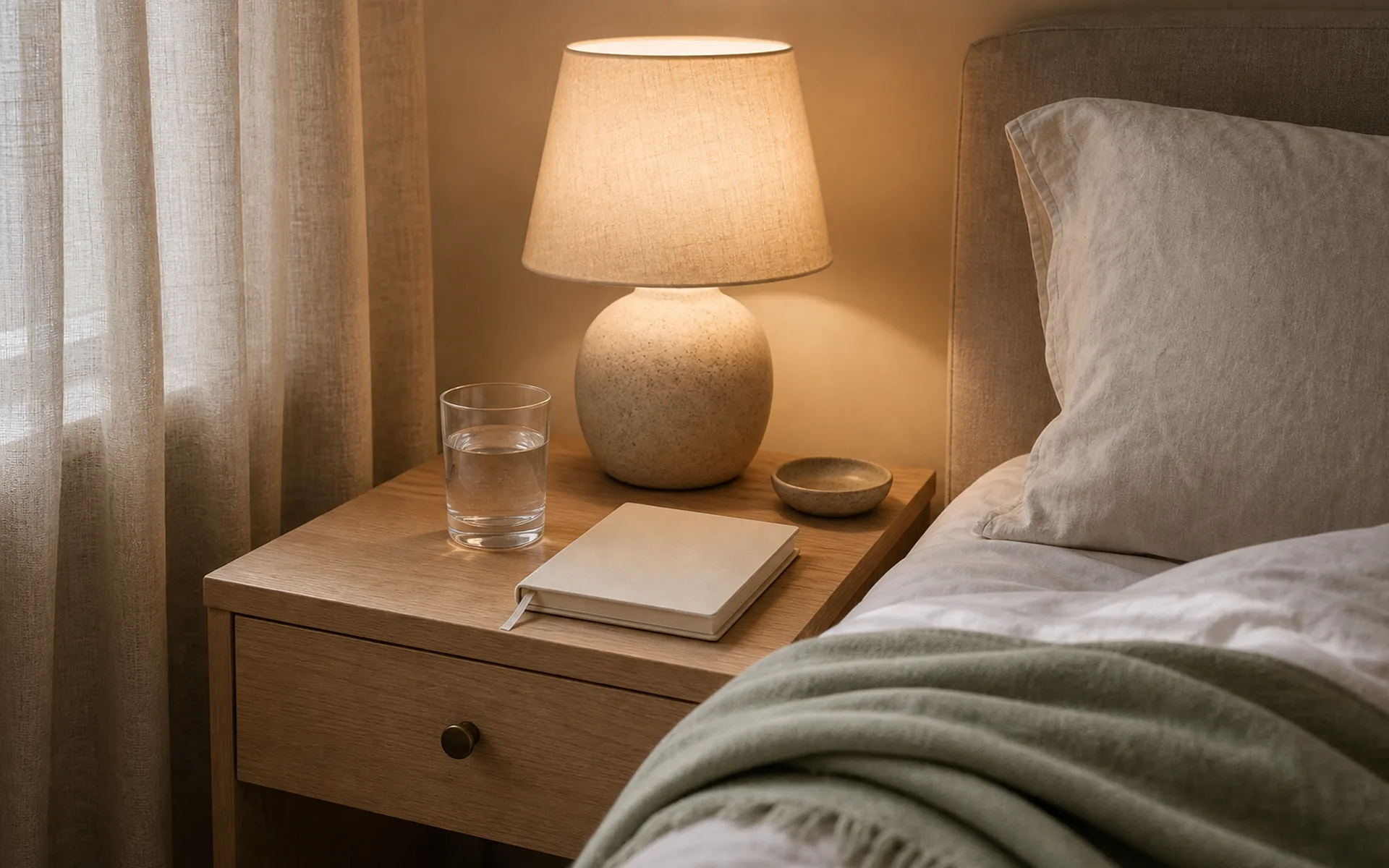 Warm evening light beside a book and cup